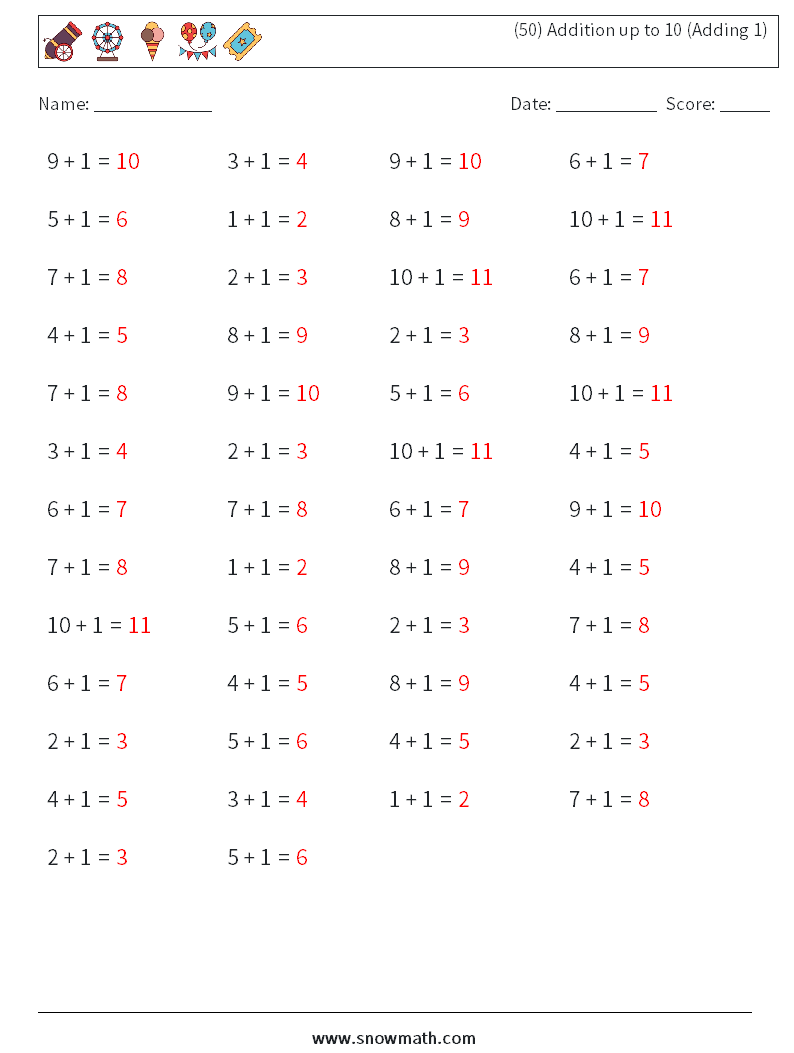 (50) Addition up to 10 (Adding 1) Math Worksheets 5 Question, Answer