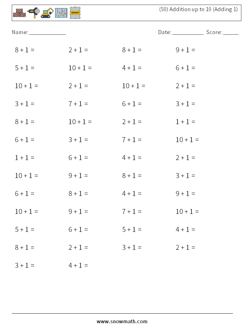 (50) Addition up to 10 (Adding 1) Math Worksheets 6