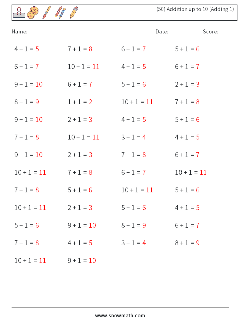 (50) Addition up to 10 (Adding 1) Math Worksheets 9 Question, Answer