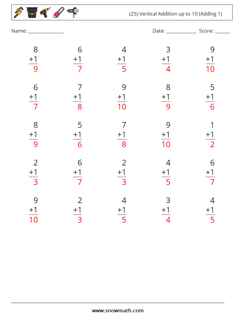 (25) Vertical Addition up to 10 (Adding 1) Math Worksheets 1 Question, Answer