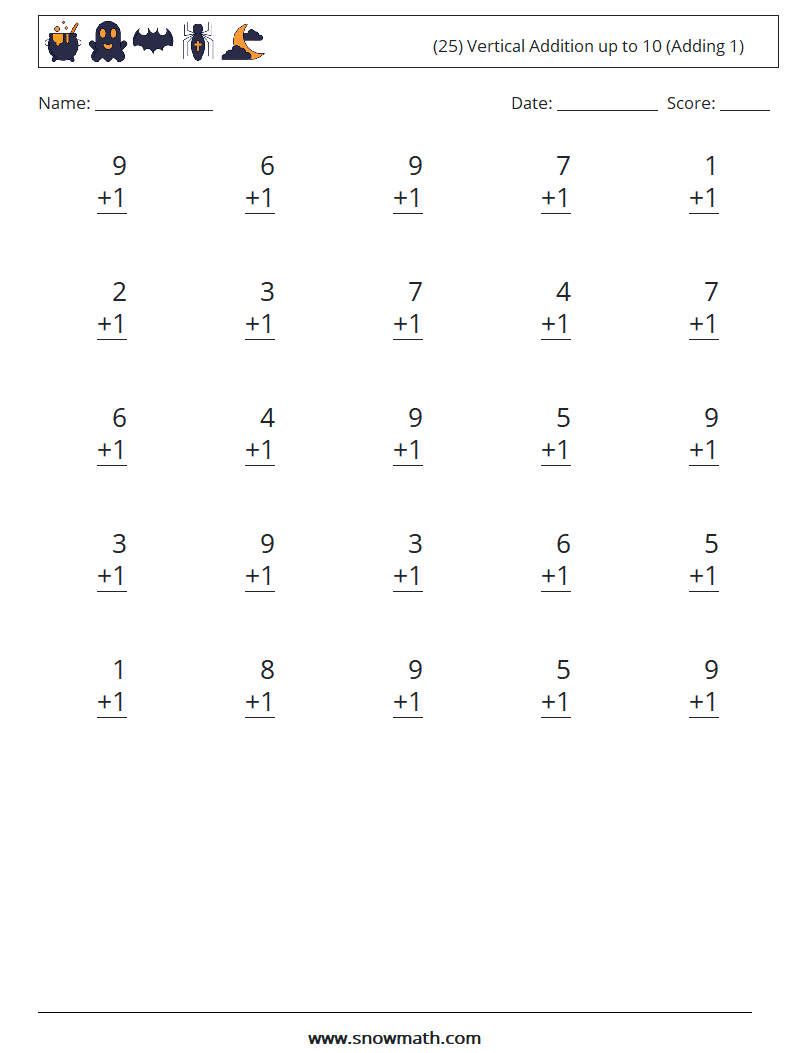 (25) Vertical Addition up to 10 (Adding 1) Maths Worksheets 2