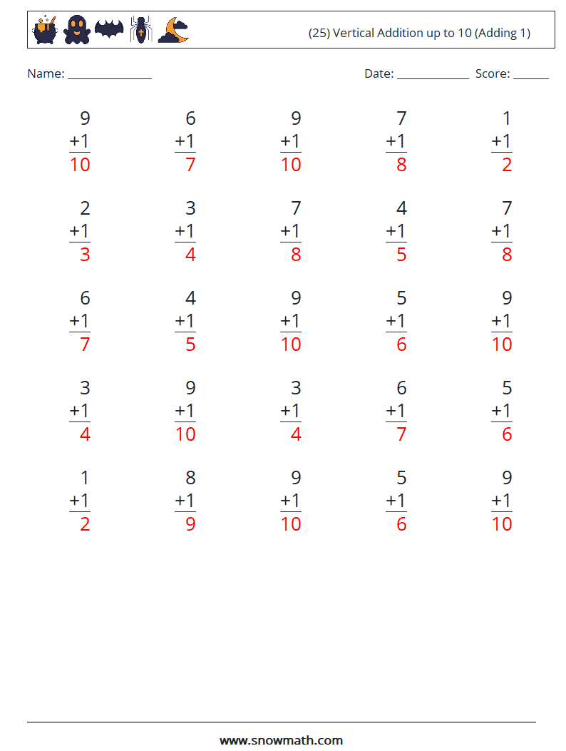 (25) Vertical Addition up to 10 (Adding 1) Math Worksheets 2 Question, Answer