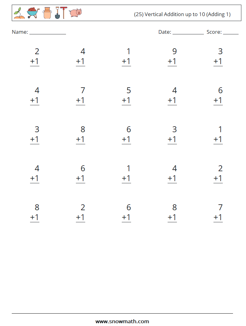 (25) Vertical Addition up to 10 (Adding 1) Math Worksheets 3