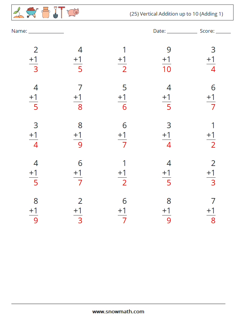 (25) Vertical Addition up to 10 (Adding 1) Math Worksheets 3 Question, Answer