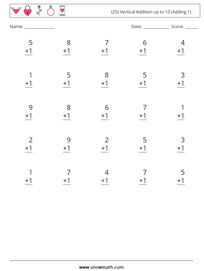 (25) Vertical Addition up to 10 (Adding 1) Math Worksheets 4