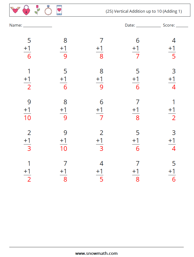 (25) Vertical Addition up to 10 (Adding 1) Math Worksheets 4 Question, Answer