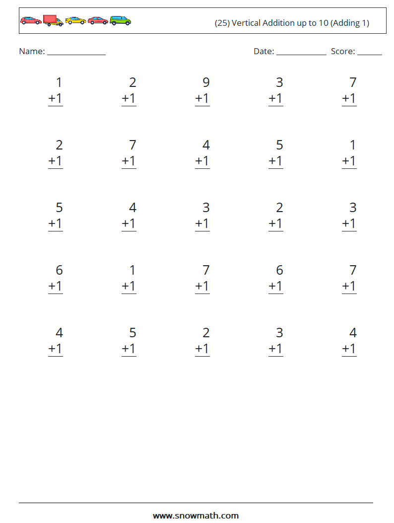 (25) Vertical Addition up to 10 (Adding 1) Maths Worksheets 5