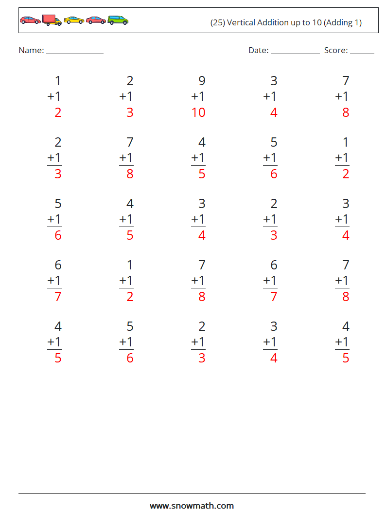 (25) Vertical Addition up to 10 (Adding 1) Math Worksheets 5 Question, Answer