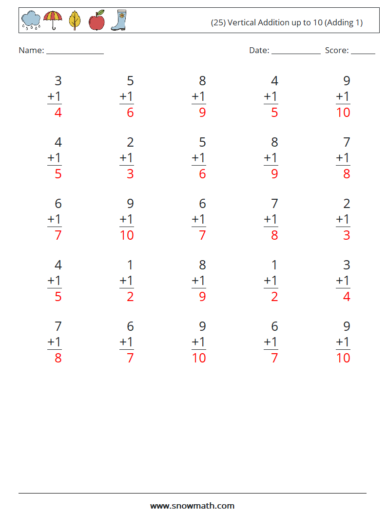 (25) Vertical Addition up to 10 (Adding 1) Math Worksheets 6 Question, Answer