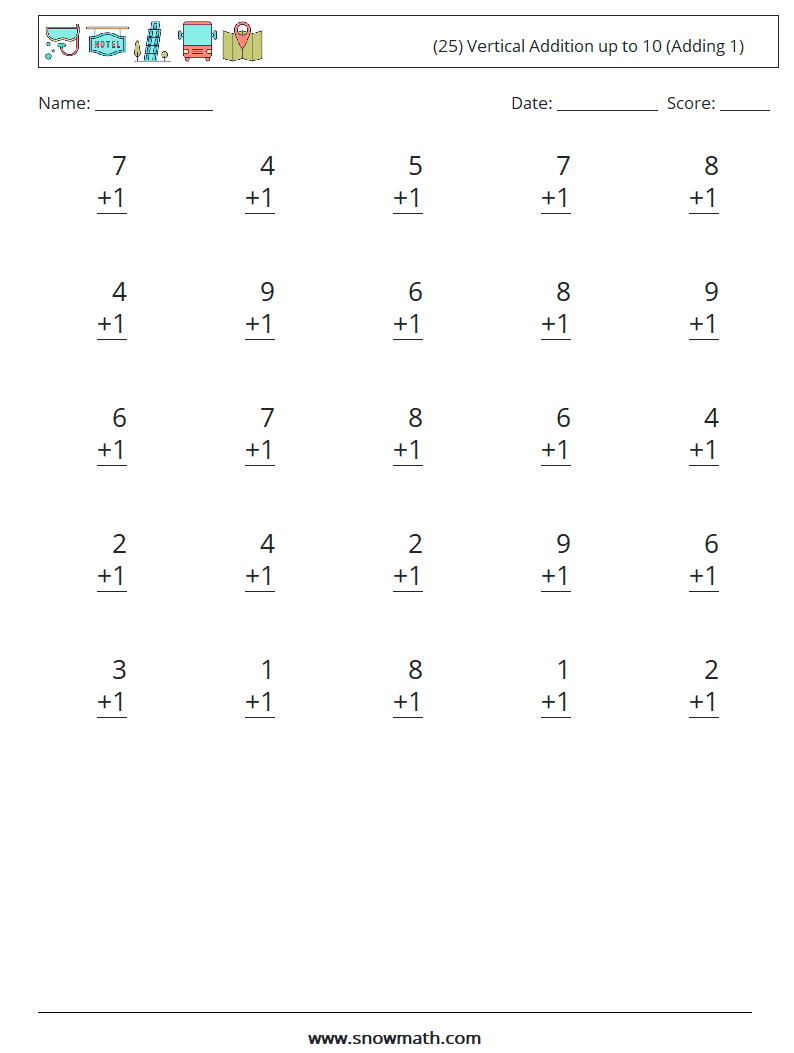 (25) Vertical Addition up to 10 (Adding 1) Math Worksheets 7