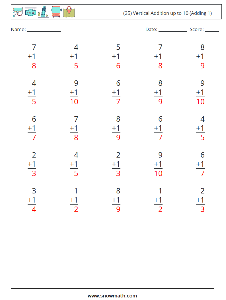 (25) Vertical Addition up to 10 (Adding 1) Math Worksheets 7 Question, Answer