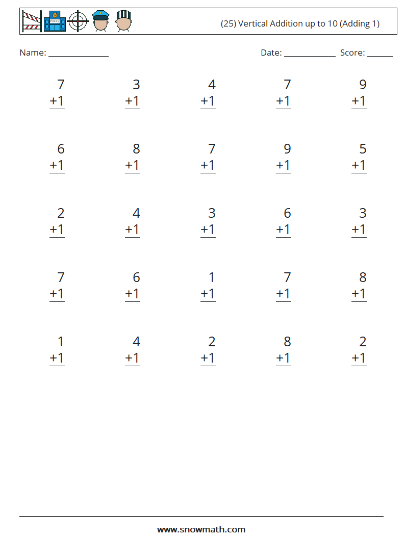 (25) Vertical Addition up to 10 (Adding 1) Math Worksheets 8