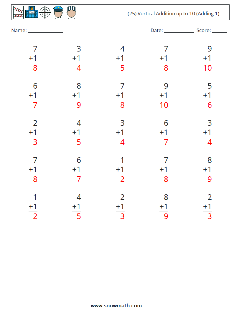 (25) Vertical Addition up to 10 (Adding 1) Math Worksheets 8 Question, Answer