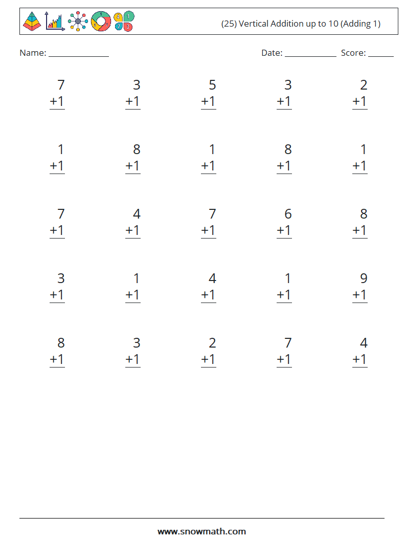 (25) Vertical Addition up to 10 (Adding 1) Math Worksheets 9