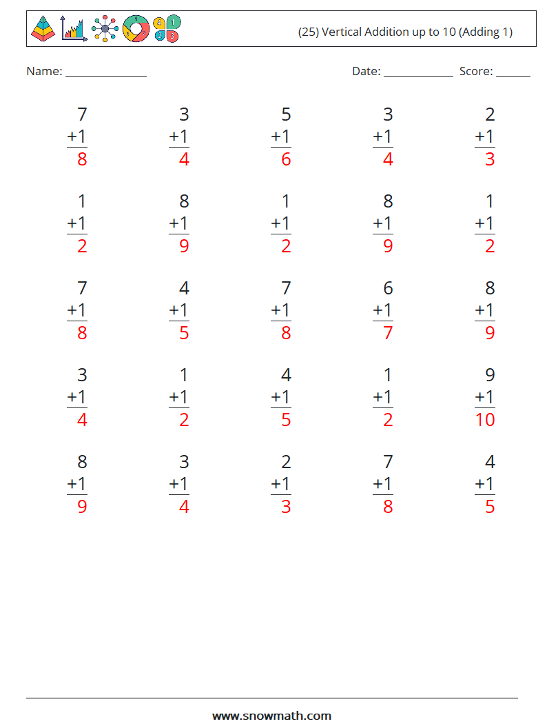 (25) Vertical Addition up to 10 (Adding 1) Math Worksheets 9 Question, Answer