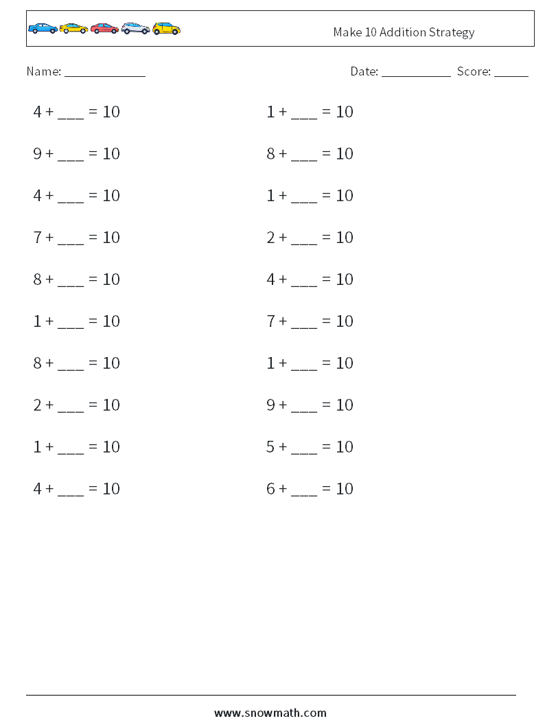 Make 10 Addition Strategy Maths Worksheets 1