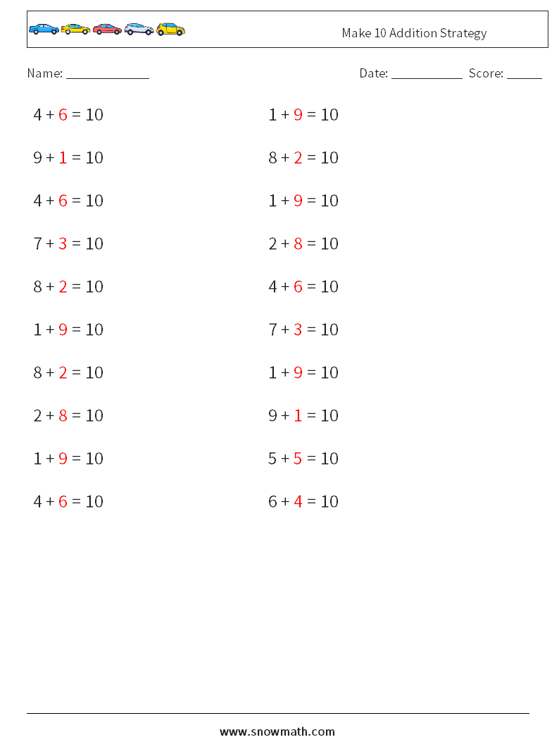 Make 10 Addition Strategy Math Worksheets 1 Question, Answer