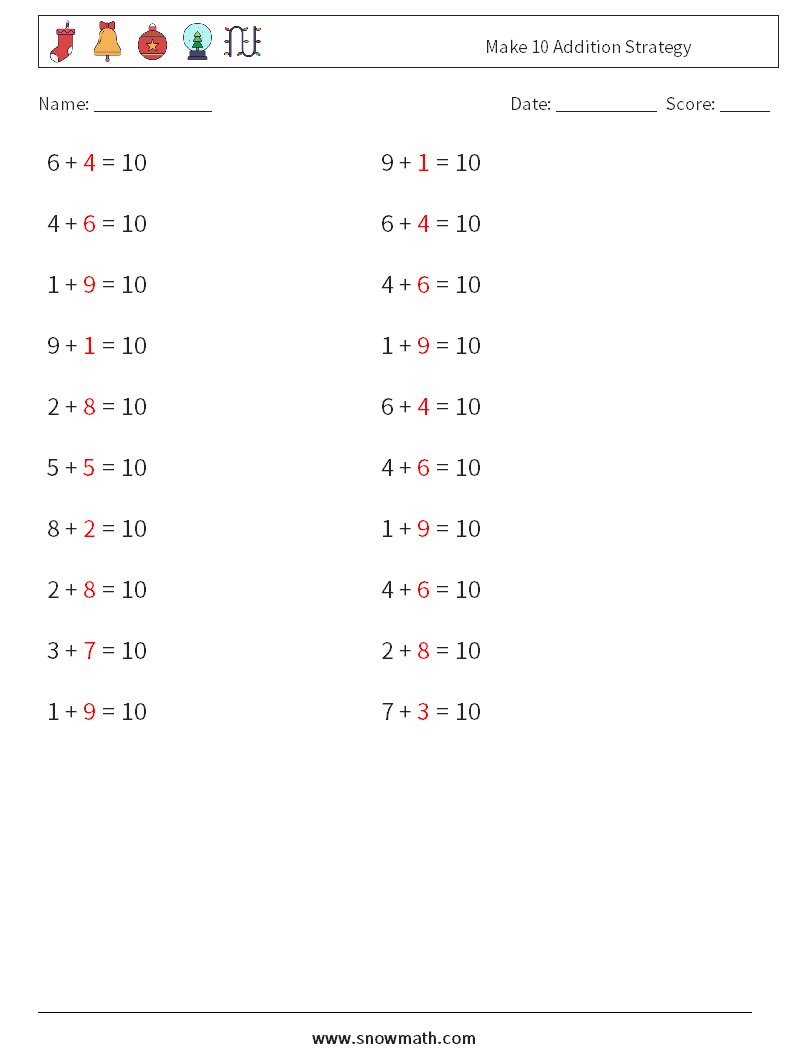 Make 10 Addition Strategy Math Worksheets 2 Question, Answer