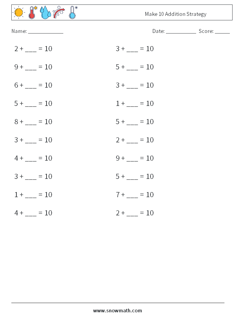 Make 10 Addition Strategy Maths Worksheets 3
