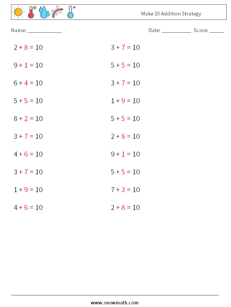 Make 10 Addition Strategy Math Worksheets 3 Question, Answer