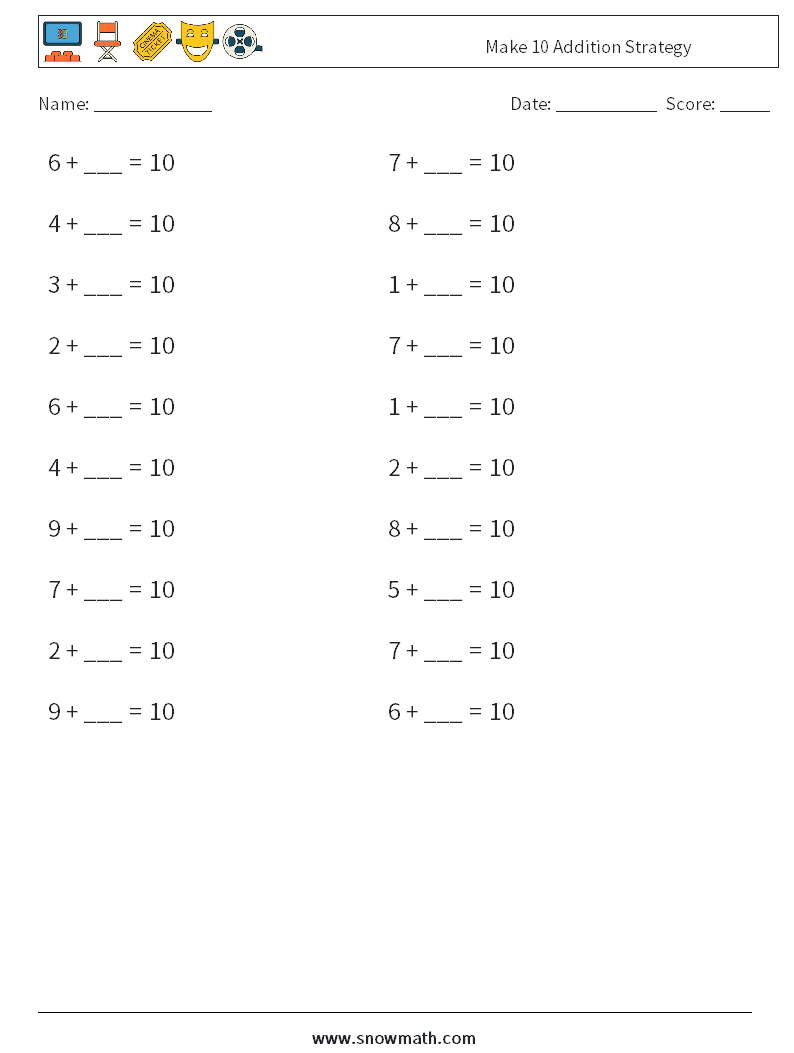 Make 10 Addition Strategy Maths Worksheets 4