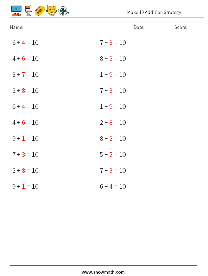 Make 10 Addition Strategy Math Worksheets 4 Question, Answer