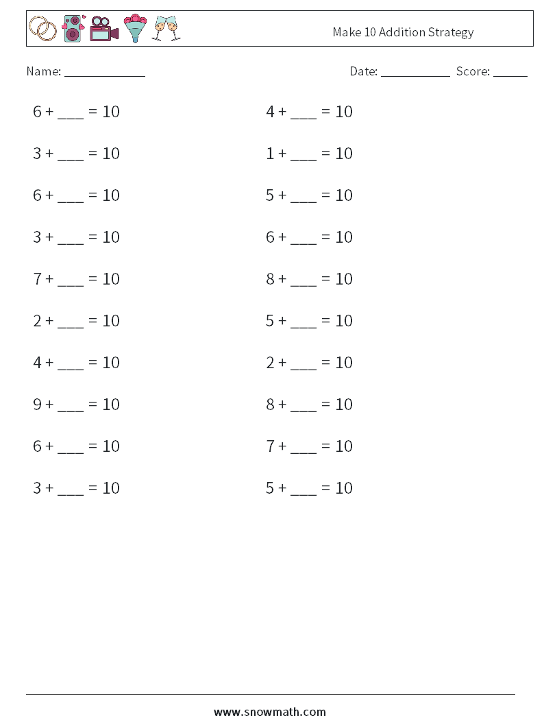 Make 10 Addition Strategy Maths Worksheets 5