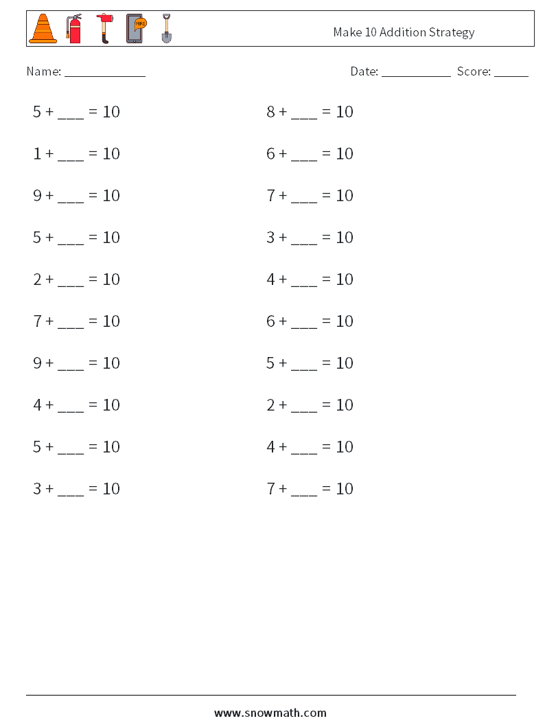 Make 10 Addition Strategy Maths Worksheets 7