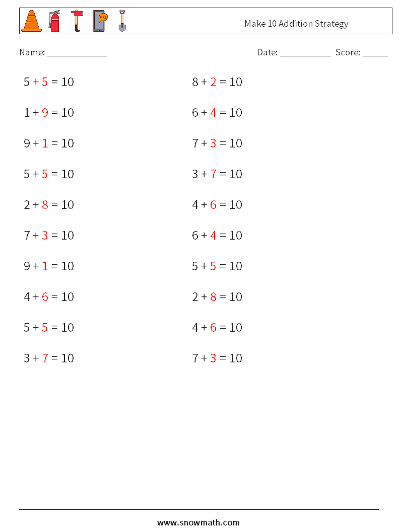 Make 10 Addition Strategy Math Worksheets 7 Question, Answer