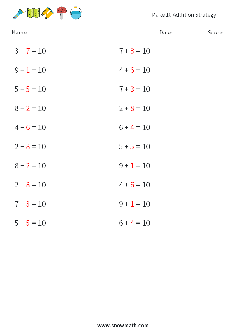 Make 10 Addition Strategy Math Worksheets 8 Question, Answer