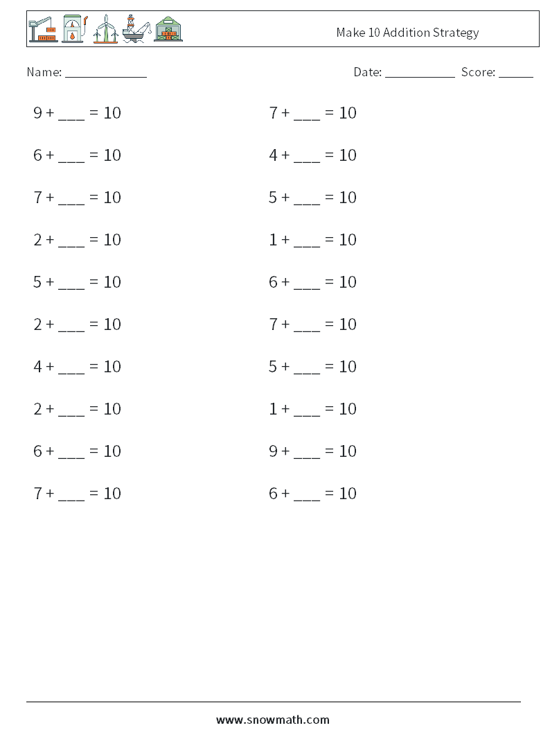 Make 10 Addition Strategy Maths Worksheets 9