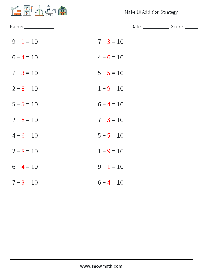 Make 10 Addition Strategy Math Worksheets 9 Question, Answer