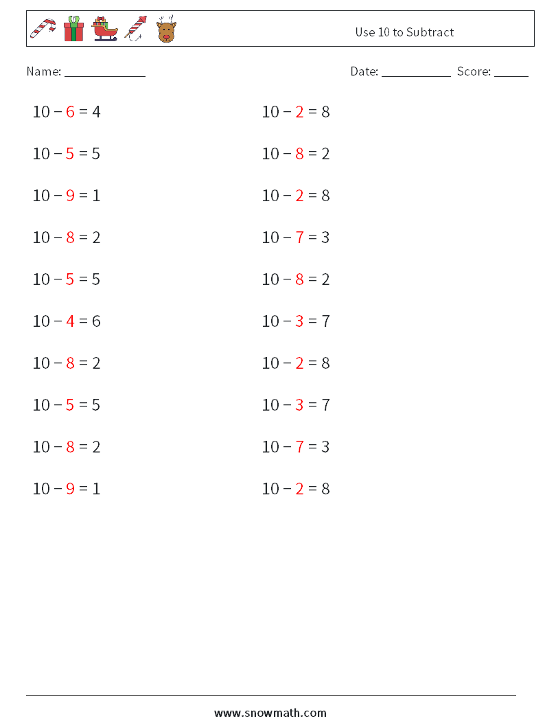 Use 10 to Subtract Math Worksheets 1 Question, Answer