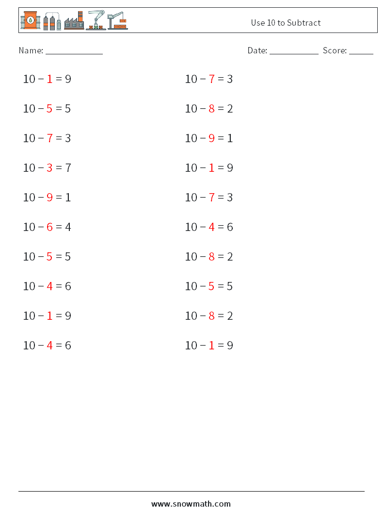 Use 10 to Subtract Math Worksheets 2 Question, Answer