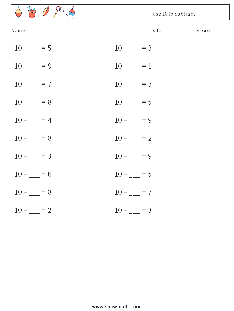 Use 10 to Subtract Maths Worksheets 3