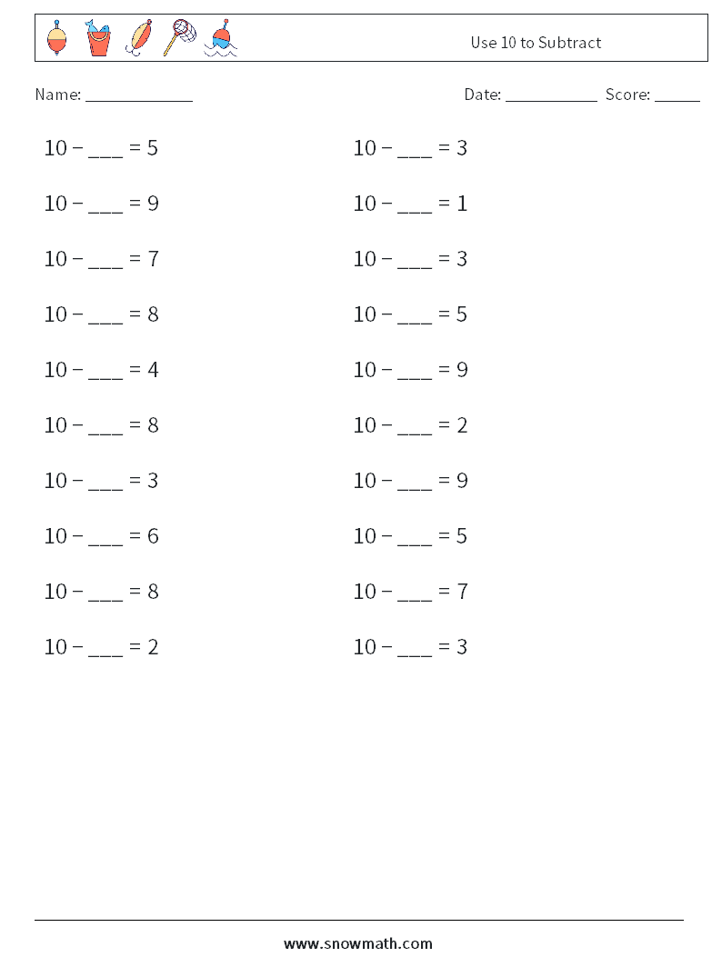 Use 10 to Subtract Math Worksheets 3