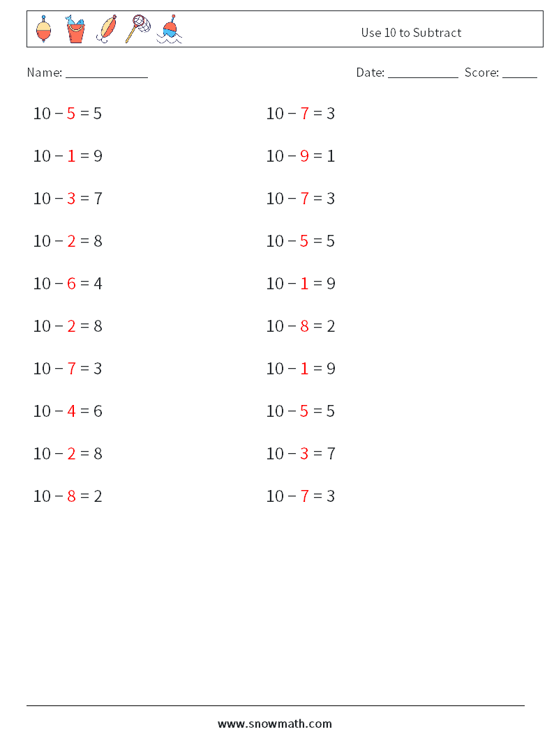 Use 10 to Subtract Math Worksheets 3 Question, Answer