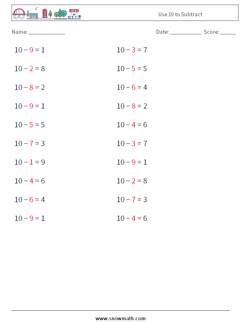 Use 10 to Subtract Math Worksheets 5 Question, Answer