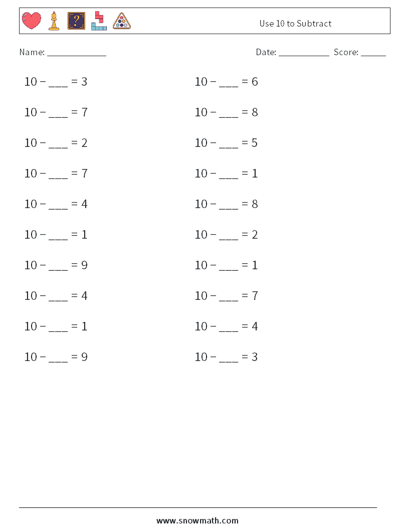 Use 10 to Subtract Maths Worksheets 6