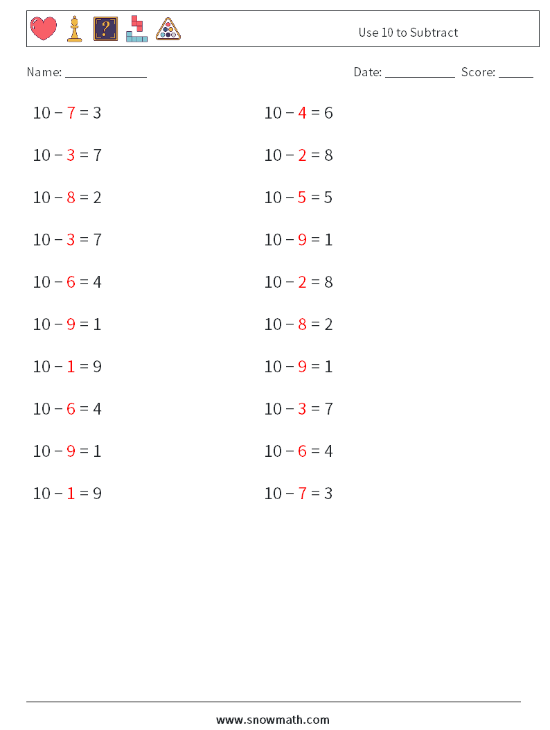 Use 10 to Subtract Math Worksheets 6 Question, Answer