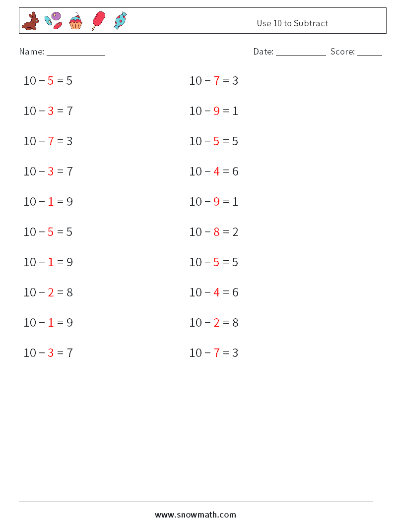 Use 10 to Subtract Math Worksheets 7 Question, Answer