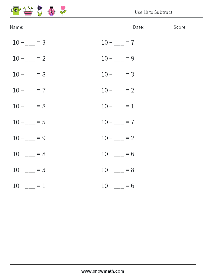 Use 10 to Subtract Maths Worksheets 8