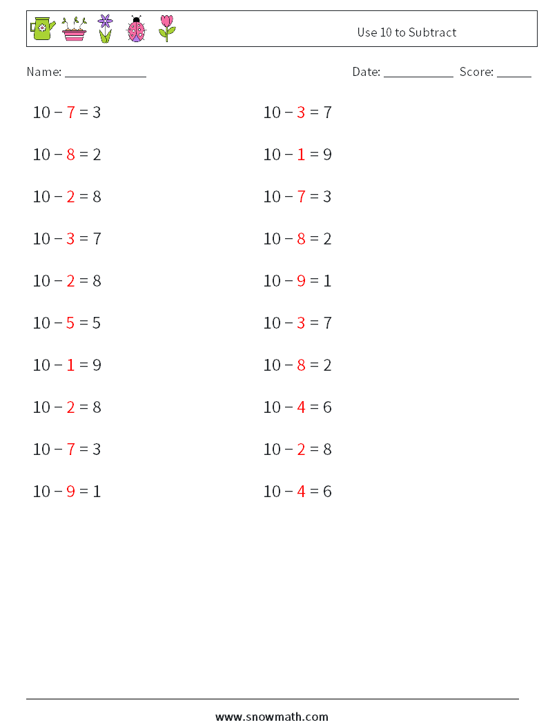 Use 10 to Subtract Math Worksheets 8 Question, Answer