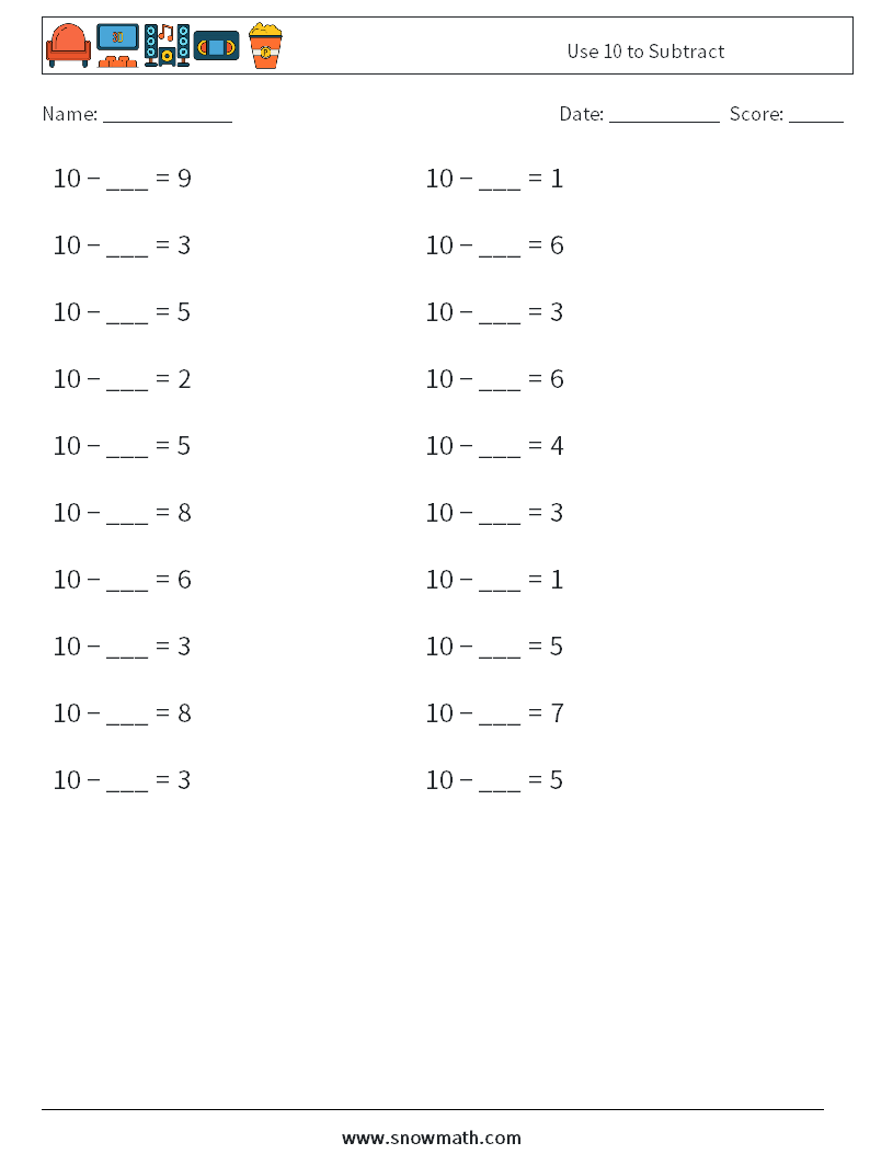 Use 10 to Subtract Math Worksheets 9