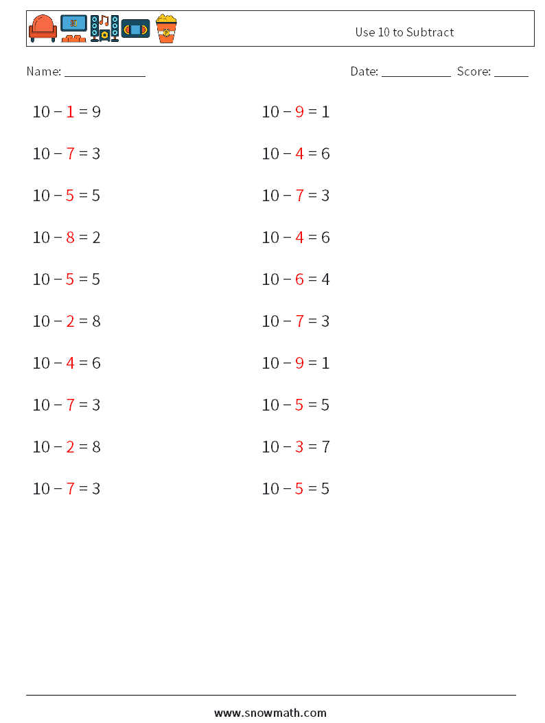 Use 10 to Subtract Math Worksheets 9 Question, Answer