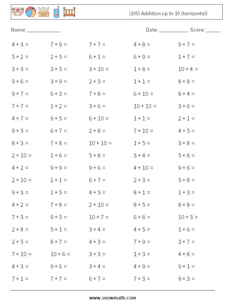 (100) Addition up to 10 (horizontal) Maths Worksheets 1