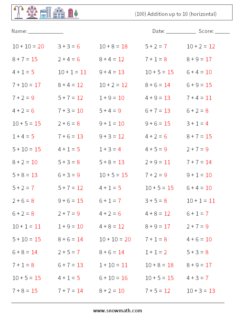 (100) Addition up to 10 (horizontal) Math Worksheets 2 Question, Answer