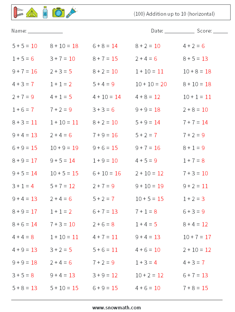 (100) Addition up to 10 (horizontal) Math Worksheets 3 Question, Answer