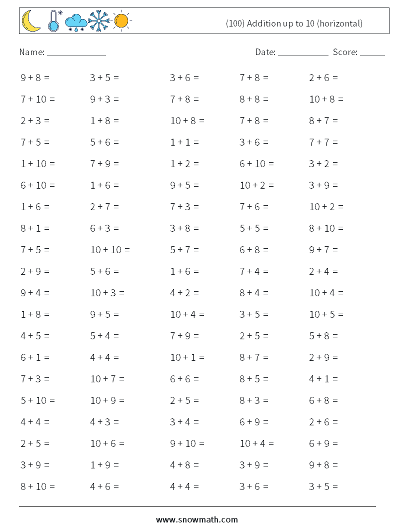 (100) Addition up to 10 (horizontal) Maths Worksheets 4