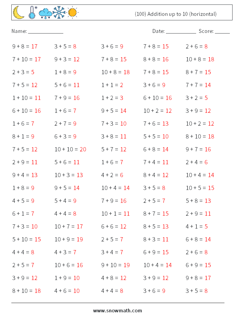 (100) Addition up to 10 (horizontal) Math Worksheets 4 Question, Answer